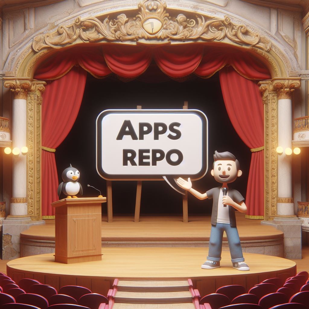 A cartoon character standing on a stage pointing to large letters saying &quot;Apps repo&quot;