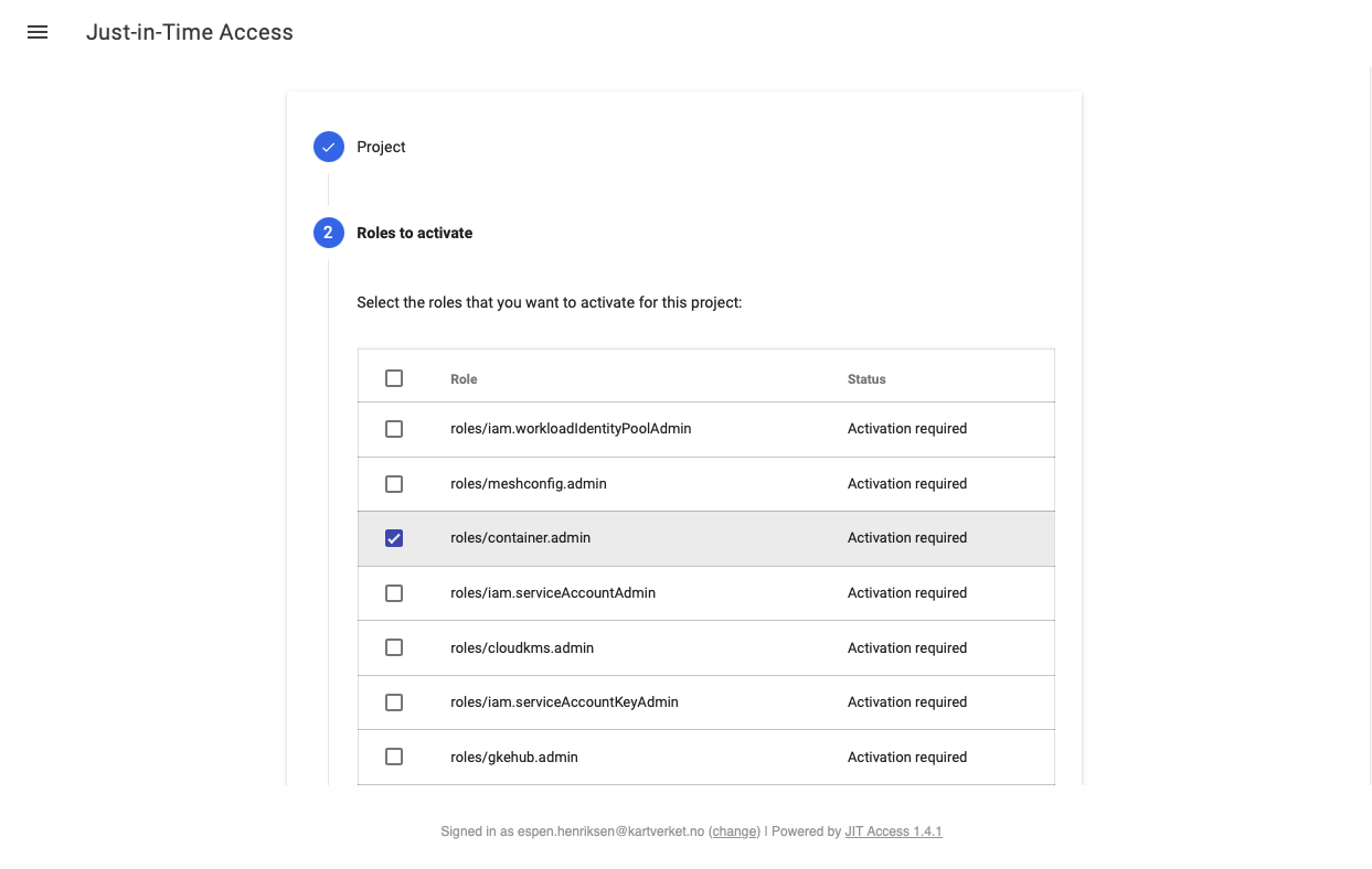 JIT role selection screen