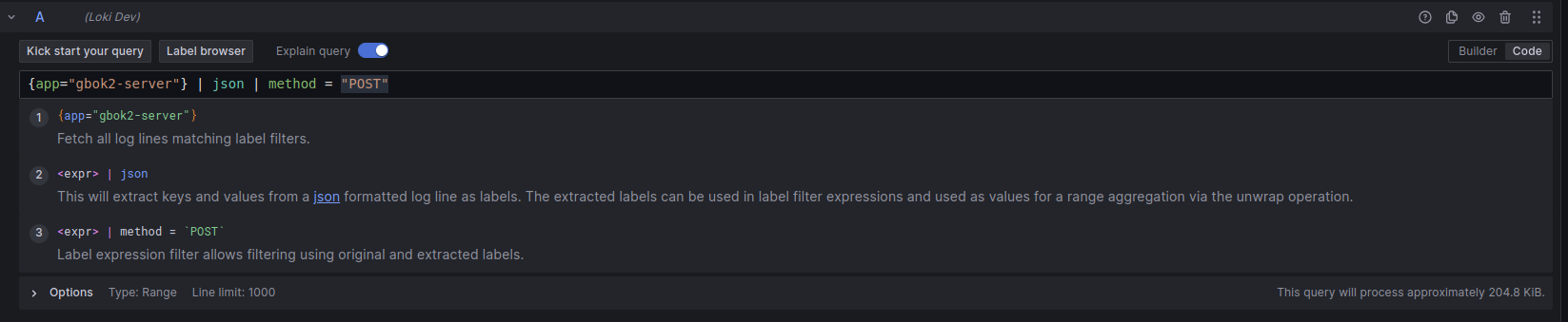 Example: Using JSON parser to extract fields and filtering on method “POST”