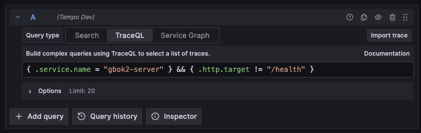 The “TraceQL” tab lets you specify a user-defined query. Here is shown a query for “gbok2-server” traces, filtering out health checks